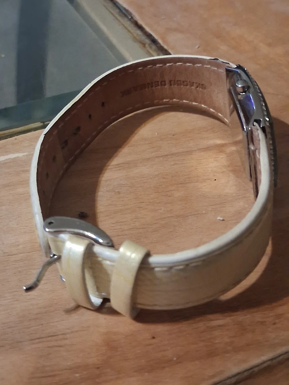 Skagen Silver Crystal-Trim Rectangular Watch with Cream Strap